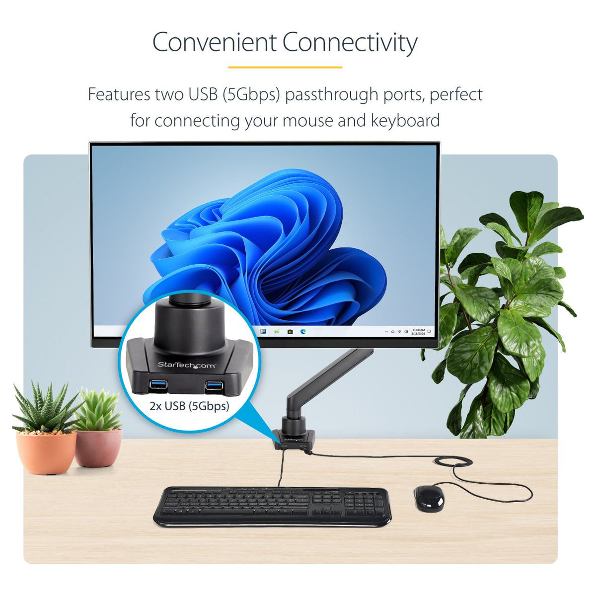 StarTech.com Desk Mount Monitor Arm with 2x USB 3.0 ports, Slim Full Motion Adjustable Single Monitor VESA Mount up to 17.6lbs (8kg)