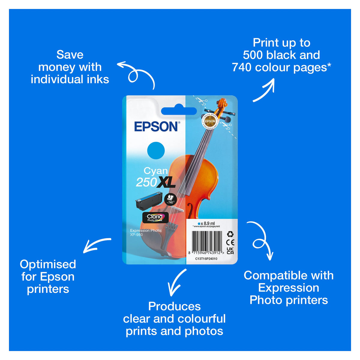 EPSON Tinte cyan 8.9ml XP 980, ''250XL''