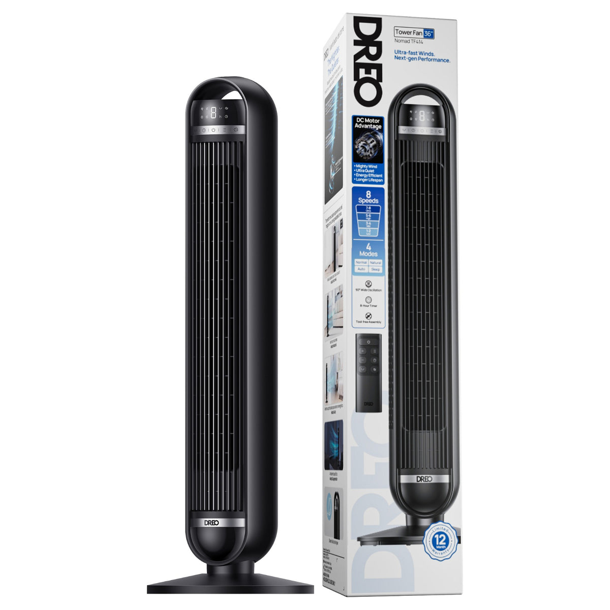 Dreo - Quiet Tower Fan, 8 Speeds, 4 Modes, 92cm