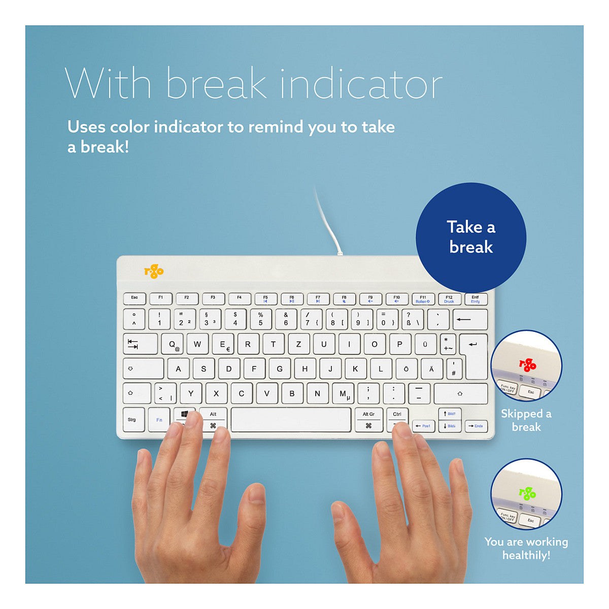 R-Go Compact Break ergonomische Tastatur QWERTZ (DE), verkabelt, weiß