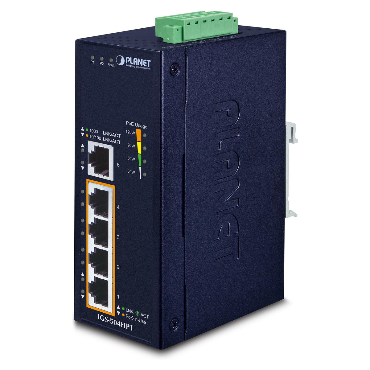 PLANET 5-Port Industrial Gigabit Switch w/ 4-Port 802.3at