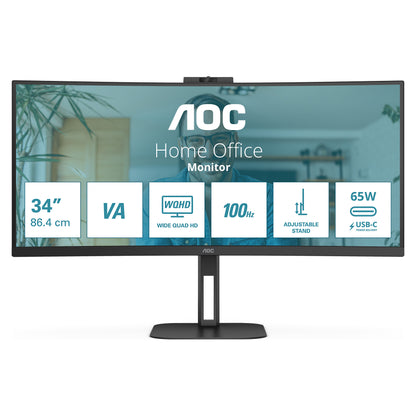 86cm/34" (3440x1440) AOC CU34V5CW 21:9 VA 1ms 100Hz HDMI DisplayPort USB-C KVM VESA Speaker Webcam Silver/Black