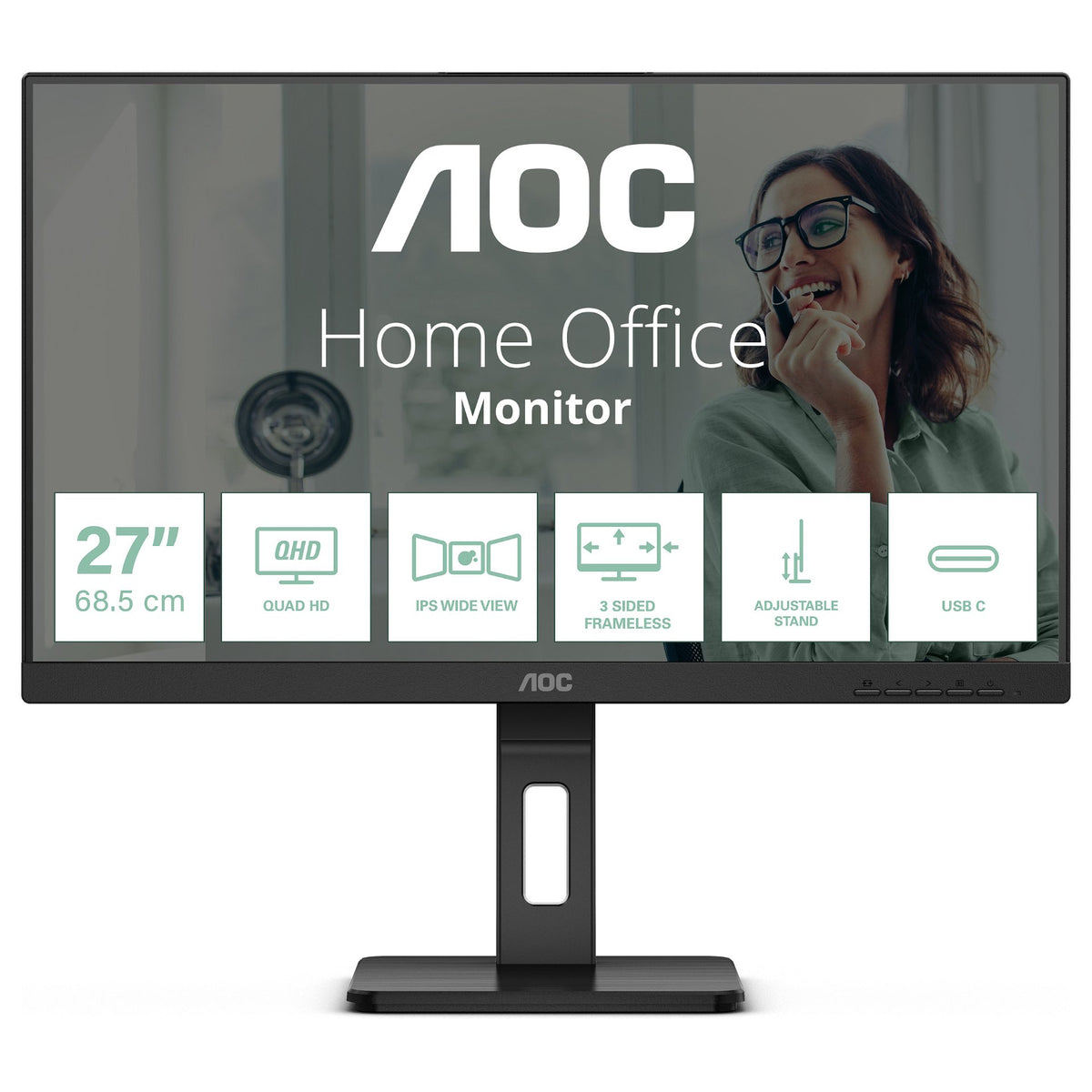 68,6cm/27" (2560x1440) AOC Q27P3CV 16:9 WQHD IPS 4ms 100Hz HDMI DisplayPort USB-C USB LAN VESA Speaker HDR Black
