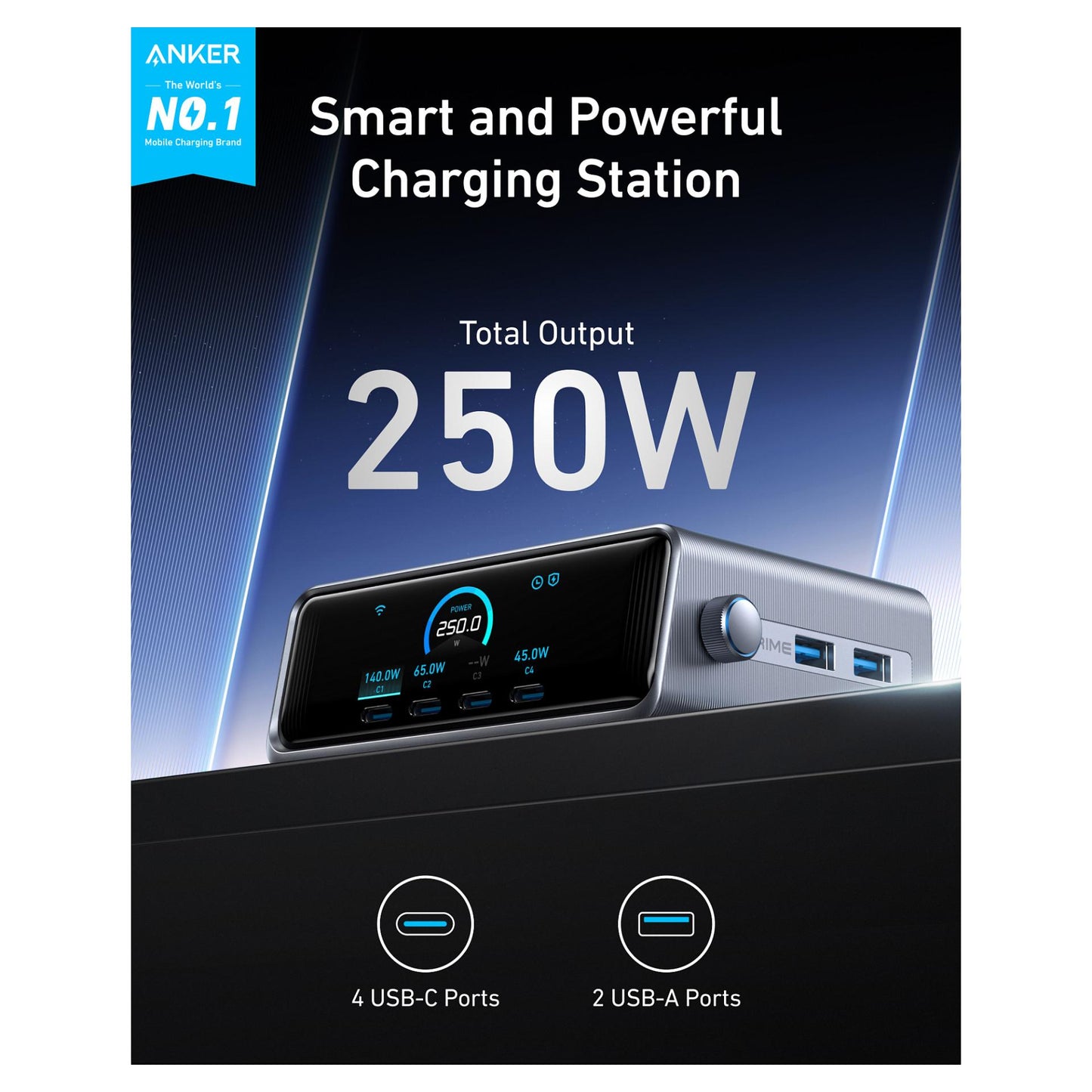 ANKER Prime Charger 250W USB-C Ladegert 6 Ports GaNPrime 2.26Z LCD-Display Smart Control Regler