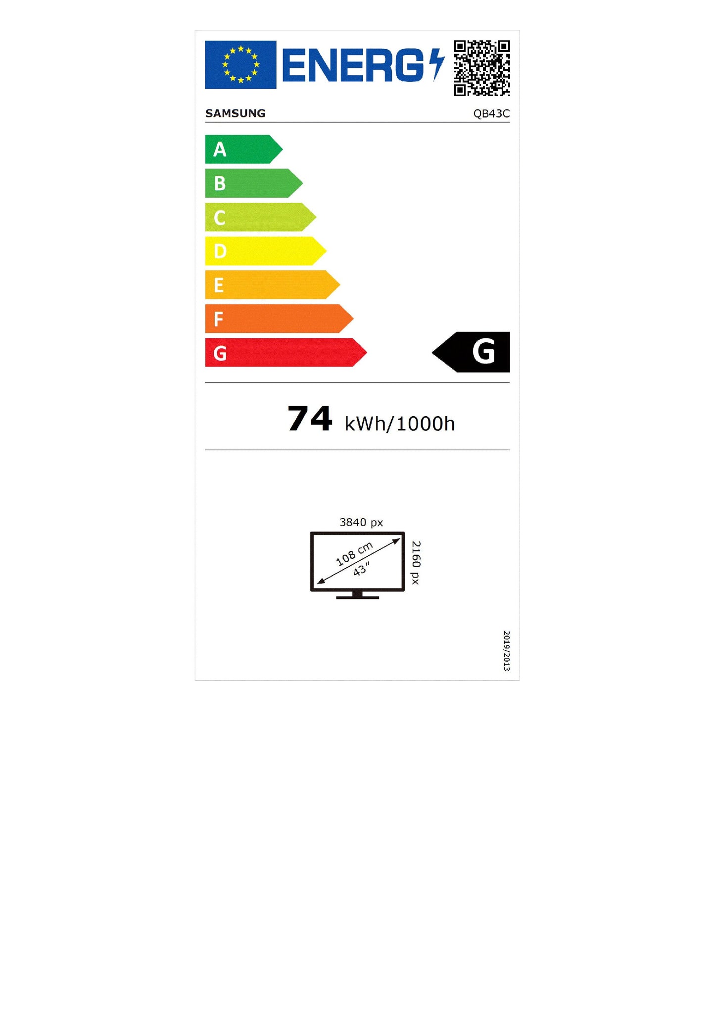 108cm/43" (3840x2160) Samsung QB43C 16:9 VA 8ms 60Hz 3x HDMI USB DisplayPort RJ45 WiFi Bluetooth VESA Black