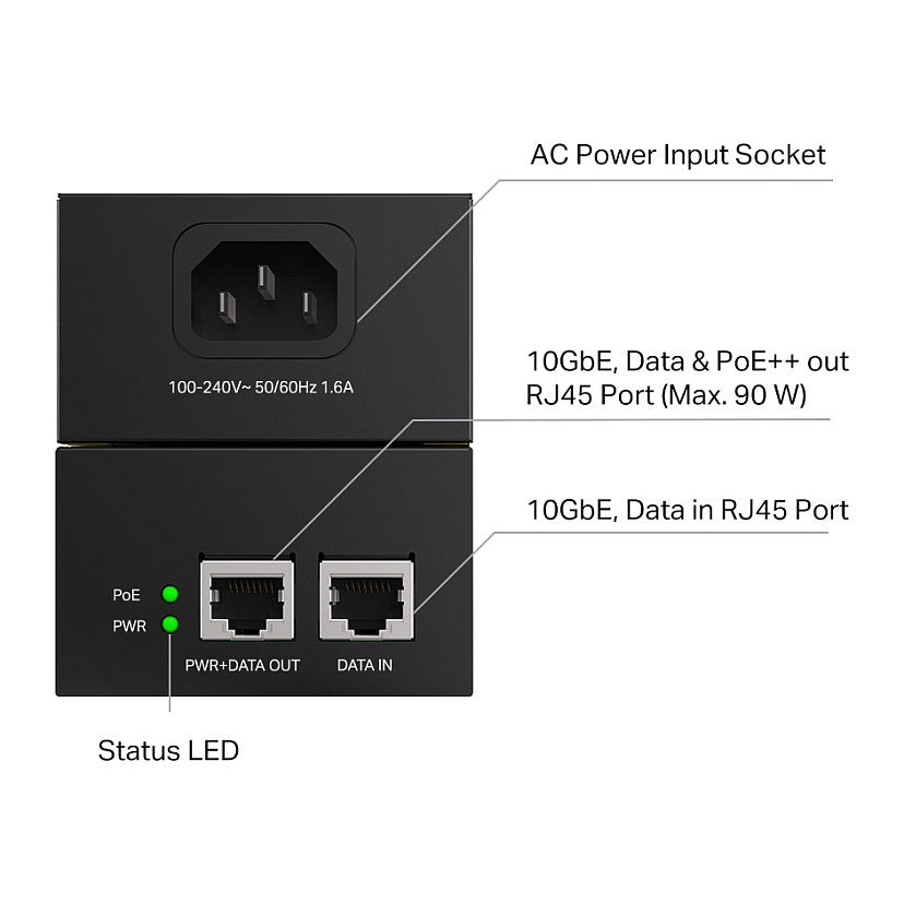 TP-LINK POE380S Omada 10G PoE++ Injector Adapter 2 10 Gbps/5 Gbps/2.5 Gbps/1 Gbps/100 Mbps/10 Mbps RJ45 ports