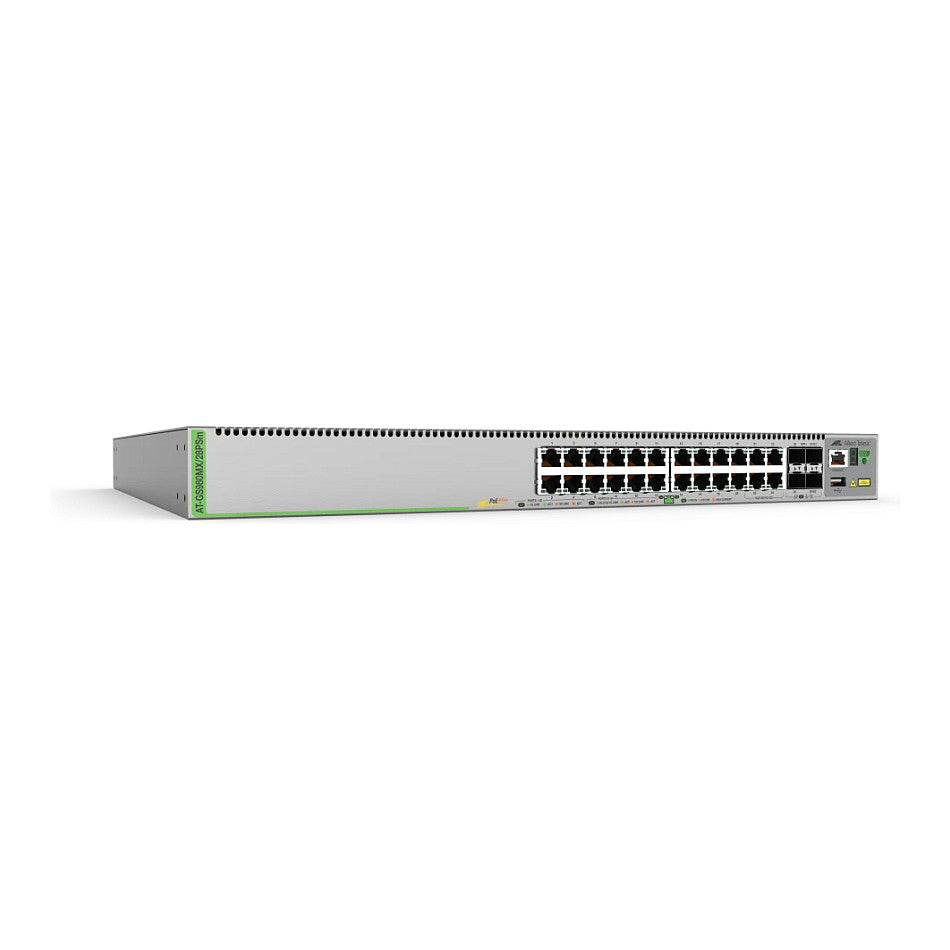 ALLIED L3 Stackable Switch 20x 10/100/1000-T PoE+ 4x 100M/1G/2.5G/5G-T PoE+ 4x SFP+ Ports single fixed PSU EU Power Cord