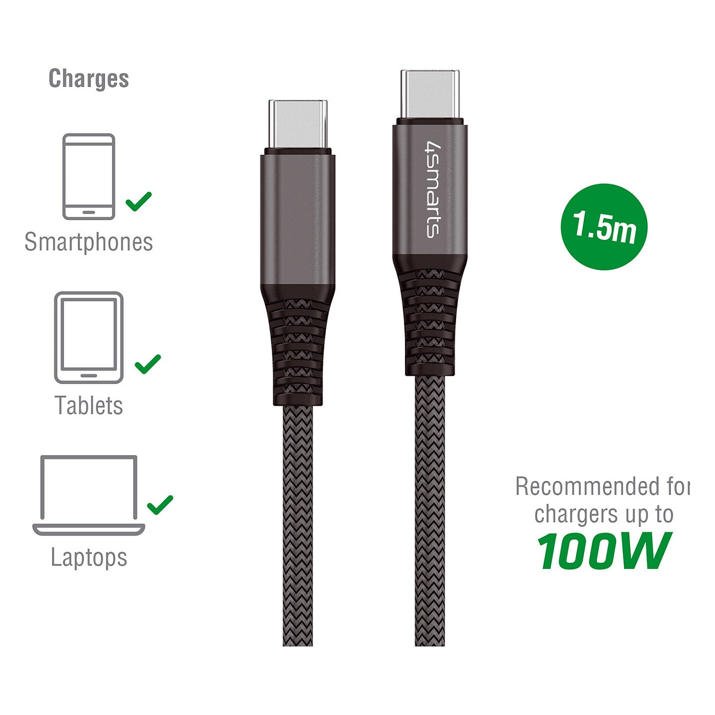 4smarts USB-C auf USB-C Kabel PremiumCord 100W 1.5m. schwarz