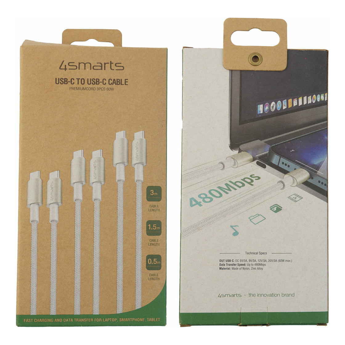 4smarts USB-C auf USB-C Kabel PremiumCord 60W 3erSet wei/silb