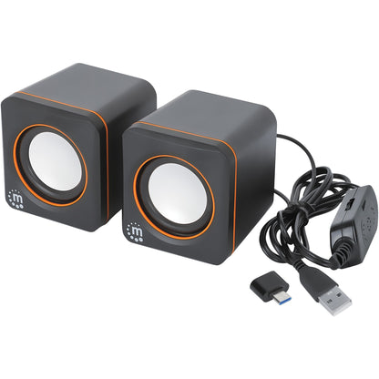 MANHATTAN Lautsprecher fr PC und Laptop 2600 Series zwei verbundene Lautsprecher 1.4 m USB-Kabel USB-C/USB-A-Adapter schwarz/orange