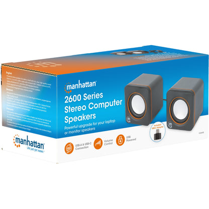 MANHATTAN Lautsprecher fr PC und Laptop 2600 Series zwei verbundene Lautsprecher 1.4 m USB-Kabel USB-C/USB-A-Adapter schwarz/orange