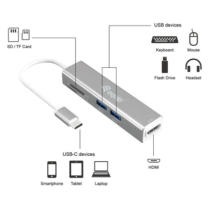 Equip Adapter USB-C -> HDMI.2xUSB3.0.SD 4K30Hz 0.15m sw