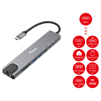 Equip Adapter USB-C -> HDMI.GbE.3xUSB3.2 Gen1.SD/TF.PD 100W