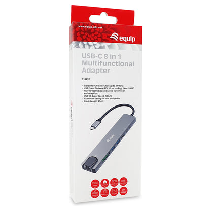 Equip Adapter USB-C -> HDMI.GbE.3xUSB3.2 Gen1.SD/TF.PD 100W