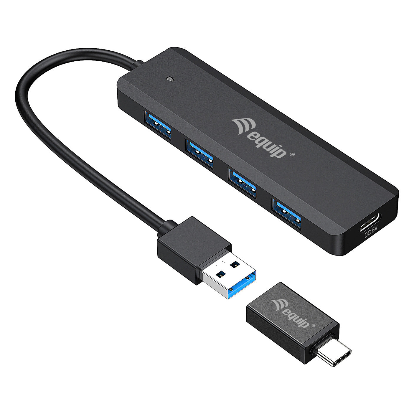 Equip USB-Hub 4-Port 3.2 ->4x3.0 +USB-C Adp.5Gbps o.Netz.sw