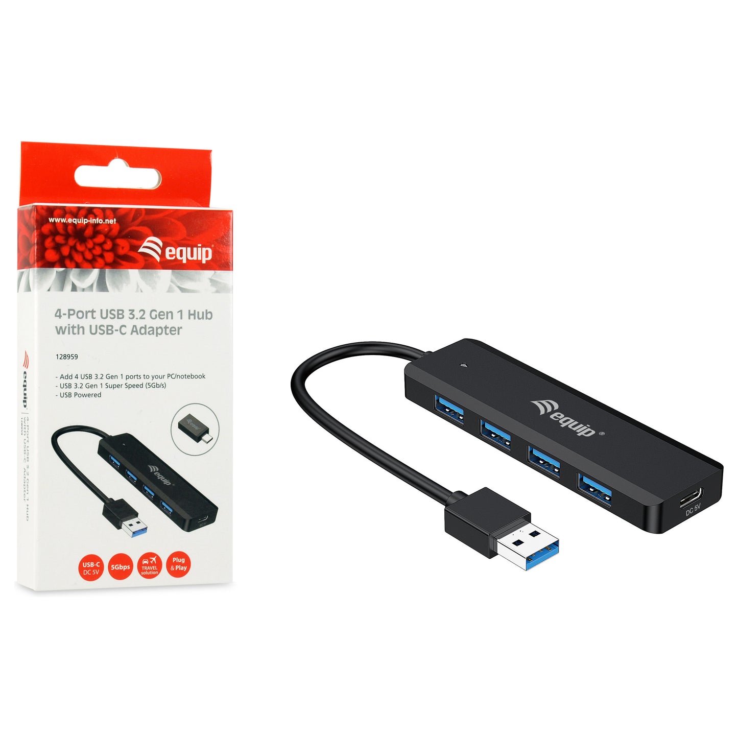 Equip USB-Hub 4-Port 3.2 ->4x3.0 +USB-C Adp.5Gbps o.Netz.sw