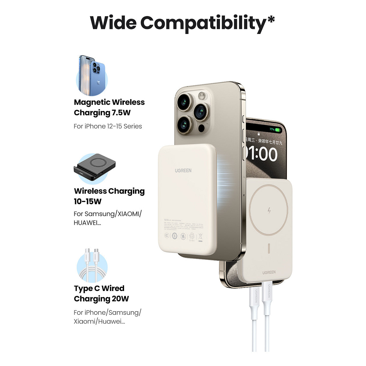 UGREEN 10000mAh Mini Powerbank Wireless 20W with MagSafe white