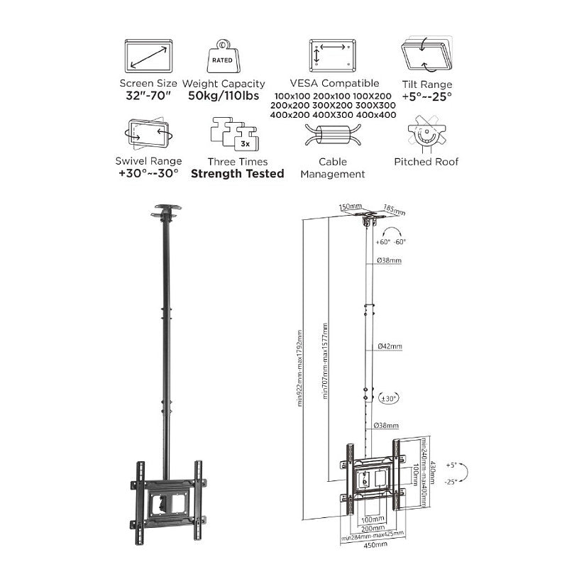 Equip Deckenhalterung 32"-70"/1TFT 50kg 1Gelenk neig. sw lite Retail