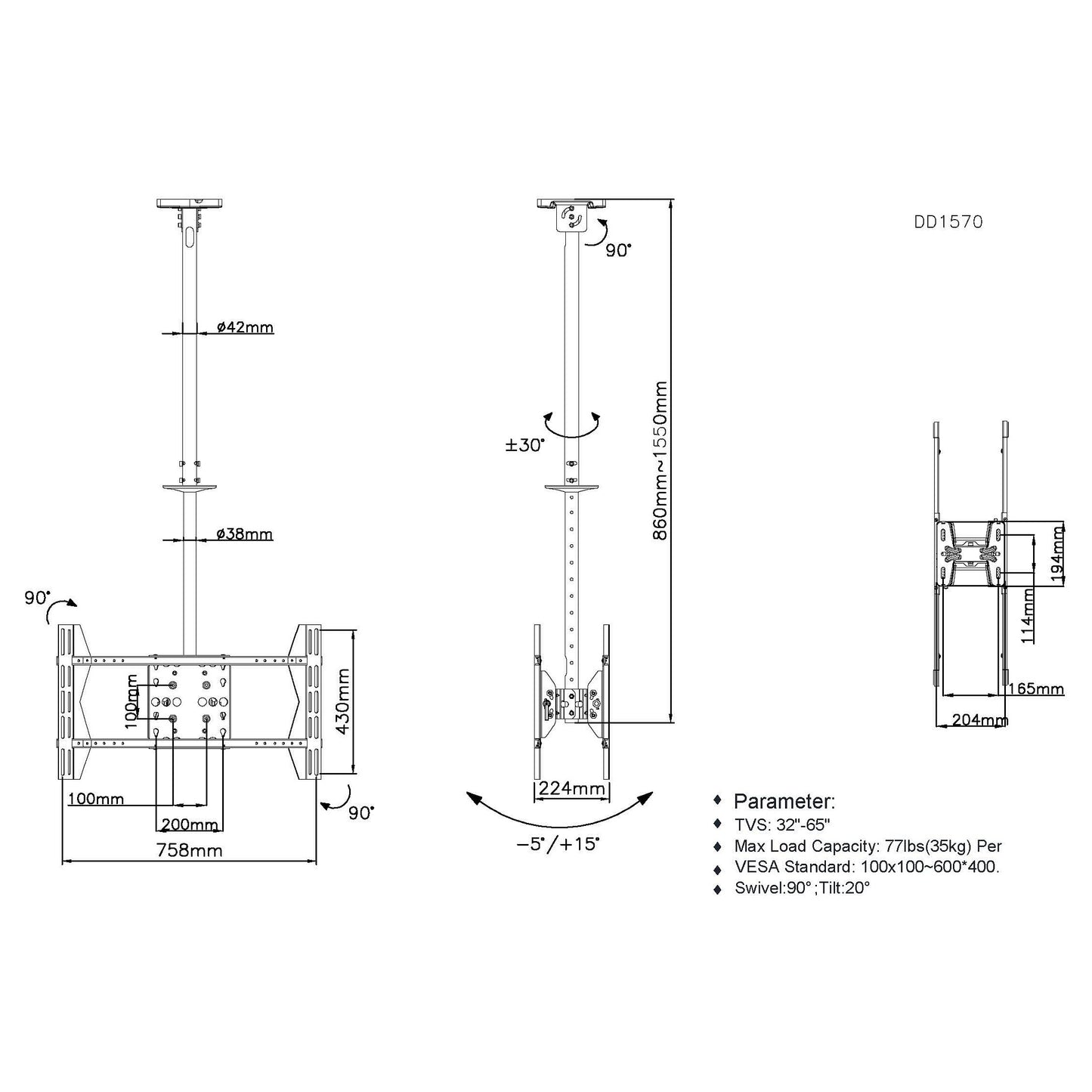 Equip Deckenhalterung 39"-75"/2TFT je 40kg 2Gelenke neig. sw lite Retail