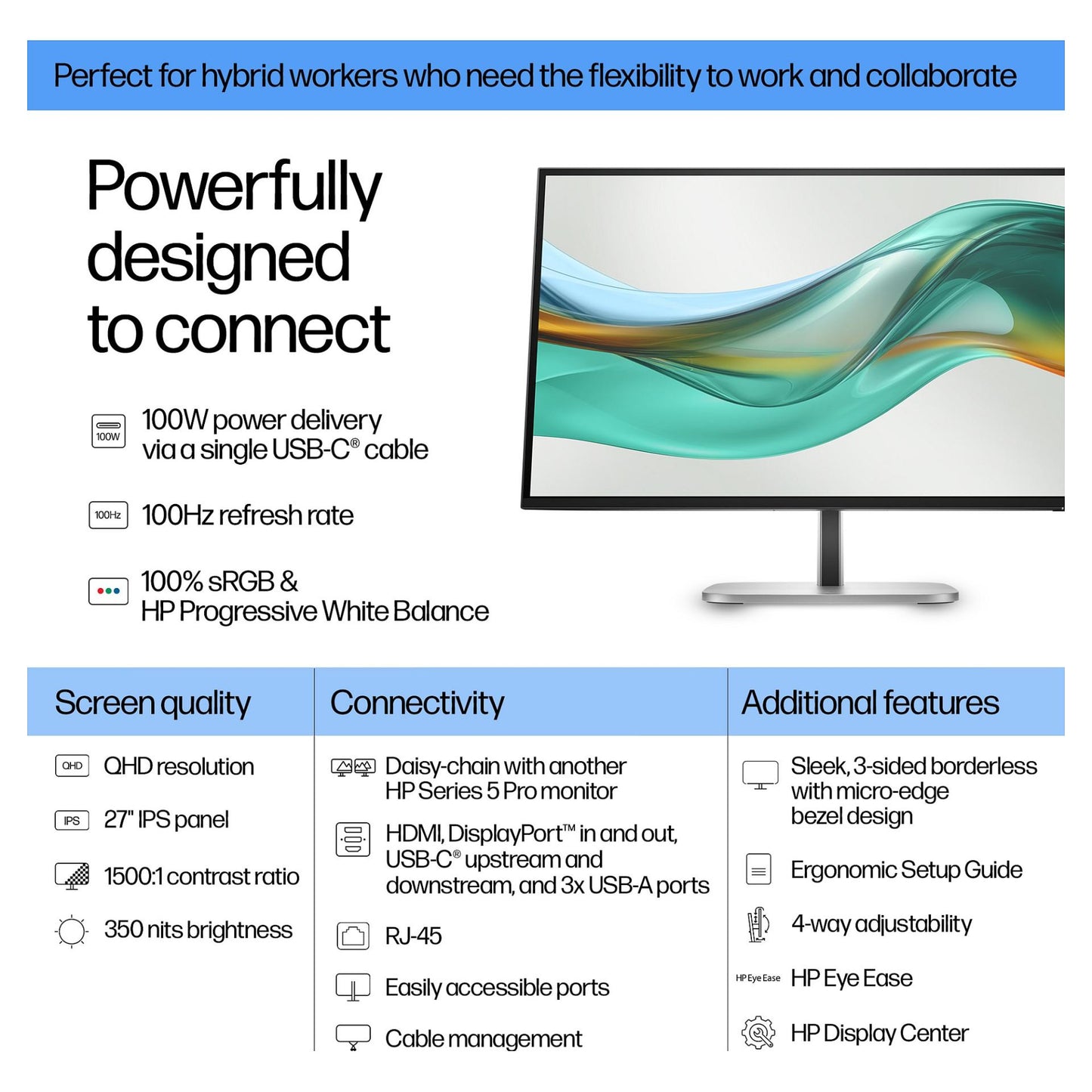 68,6cm/27" (2560x1440) HP 527pu 9E0G5AA 16:9 WQHD IPS 5ms 100Hz HDMI DisplayPort USB-C USB LAN VESA Black