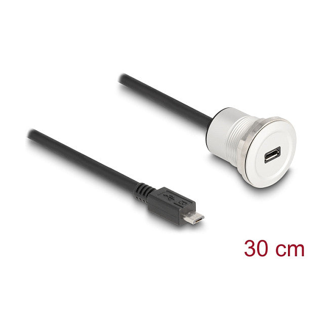 USB 2.0 Micro-B Einbaubuchse mit Kabelpeitsche Stecker 30 cm Aluminium