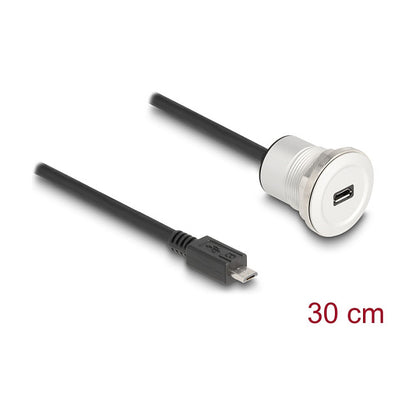 USB 2.0 Micro-B Einbaubuchse mit Kabelpeitsche Stecker 30 cm Aluminium