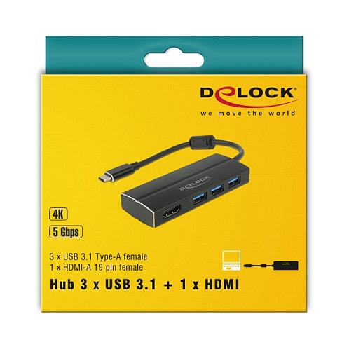 DELOCK USB 3.1 Gen 1 Adapter USB Type-C zu 3 x USB 3.0 Typ-A Hub + 1 x HDMI DP Alt Mode 4K 30 Hz