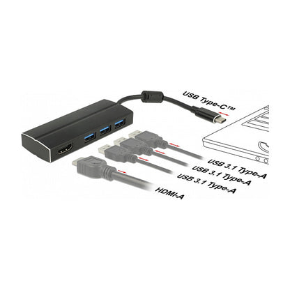 DELOCK USB 3.1 Gen 1 Adapter USB Type-C zu 3 x USB 3.0 Typ-A Hub + 1 x HDMI DP Alt Mode 4K 30 Hz