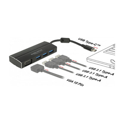 DELOCK USB 3.1 Gen 1 Adapter USB Type-C zu 3 x USB 3.0 Typ-A Hub + 1 x VGA DP Alt Mode