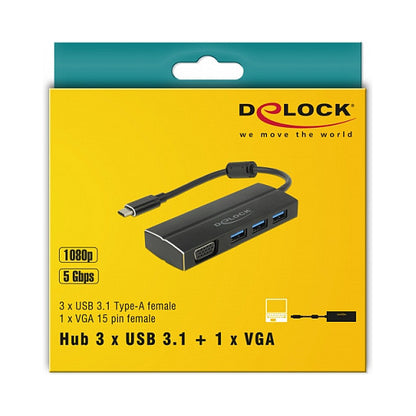 DELOCK USB 3.1 Gen 1 Adapter USB Type-C zu 3 x USB 3.0 Typ-A Hub + 1 x VGA DP Alt Mode