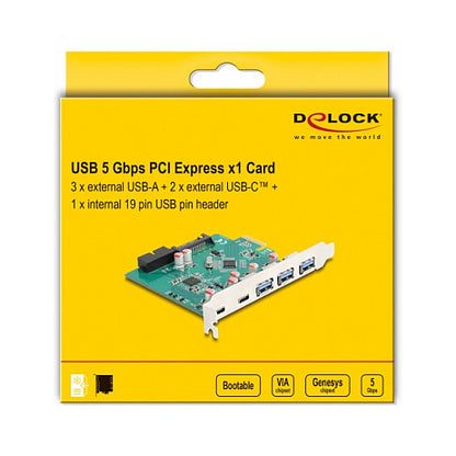 DELOCK USB 5 Gbps PCI Express x1 Karte zu 3 x extern Typ-A + 2 x extern USB Type-C Buchse und 1 x intern 19 Pin USB Pfostenstecker
