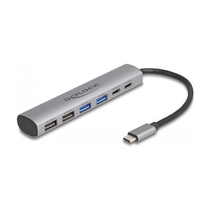 DELOCK 6 Port USB Hub mit 4 x USB Typ-A Buchse und 2 x USB Type-C Buchse
