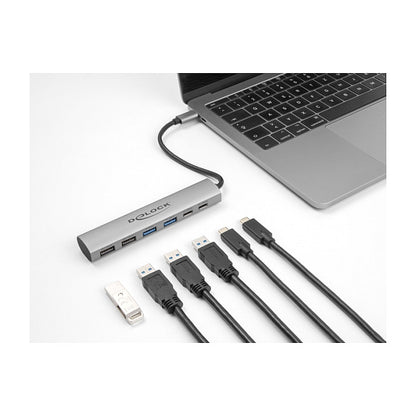 DELOCK 6 Port USB Hub mit 4 x USB Typ-A Buchse und 2 x USB Type-C Buchse