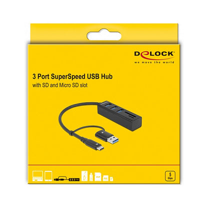 DELOCK 3 Port USB 3.2 Gen 1 Hub + SD und Micro SD Card Reader mit USB Type-C oder USB Typ-A Anschluss