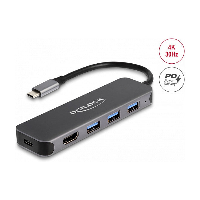 DELOCK 3 Port USB Hub und 4K HDMI Ausgang mit USB Type-C Anschluss und PD 85 Watt