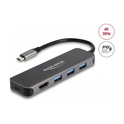 DELOCK 3 Port USB Hub und 4K HDMI Ausgang mit USB Type-C Anschluss und PD 85 Watt