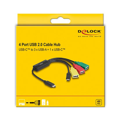 DELOCK 4 Port USB 2.0 Kabel-Hub mit USB Type-C zu 3 x USB-A Buchse + 1 x USB-C Stecker