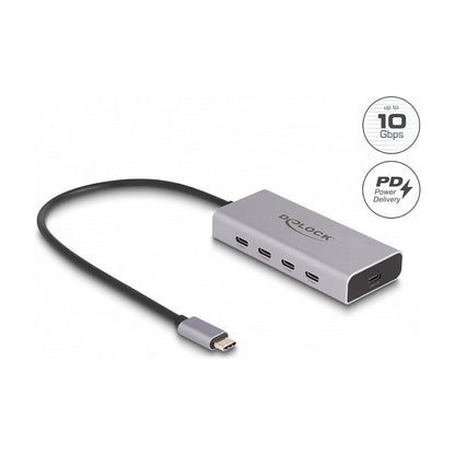 DELOCK USB 10 Gbps USB Type-C Hub mit 4 x USB Type-C Buchse + 1 x USB Type-C PD 85 Watt mit 30cm Anschlusskabel