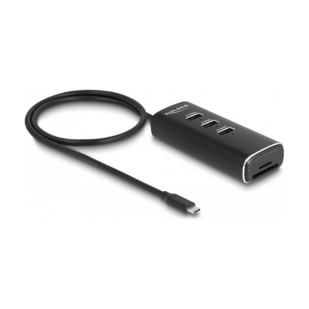 DELOCK 3 Port USB 10 Gbps Hub inklusive SD und Micro SD Card Reader mit USB Type-C Anschluss 60cm Kabel und Schalter fur jeden Port