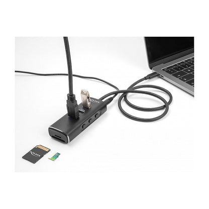 DELOCK 3 Port USB 10 Gbps Hub inklusive SD und Micro SD Card Reader mit USB Type-C Anschluss 60cm Kabel und Schalter fur jeden Port