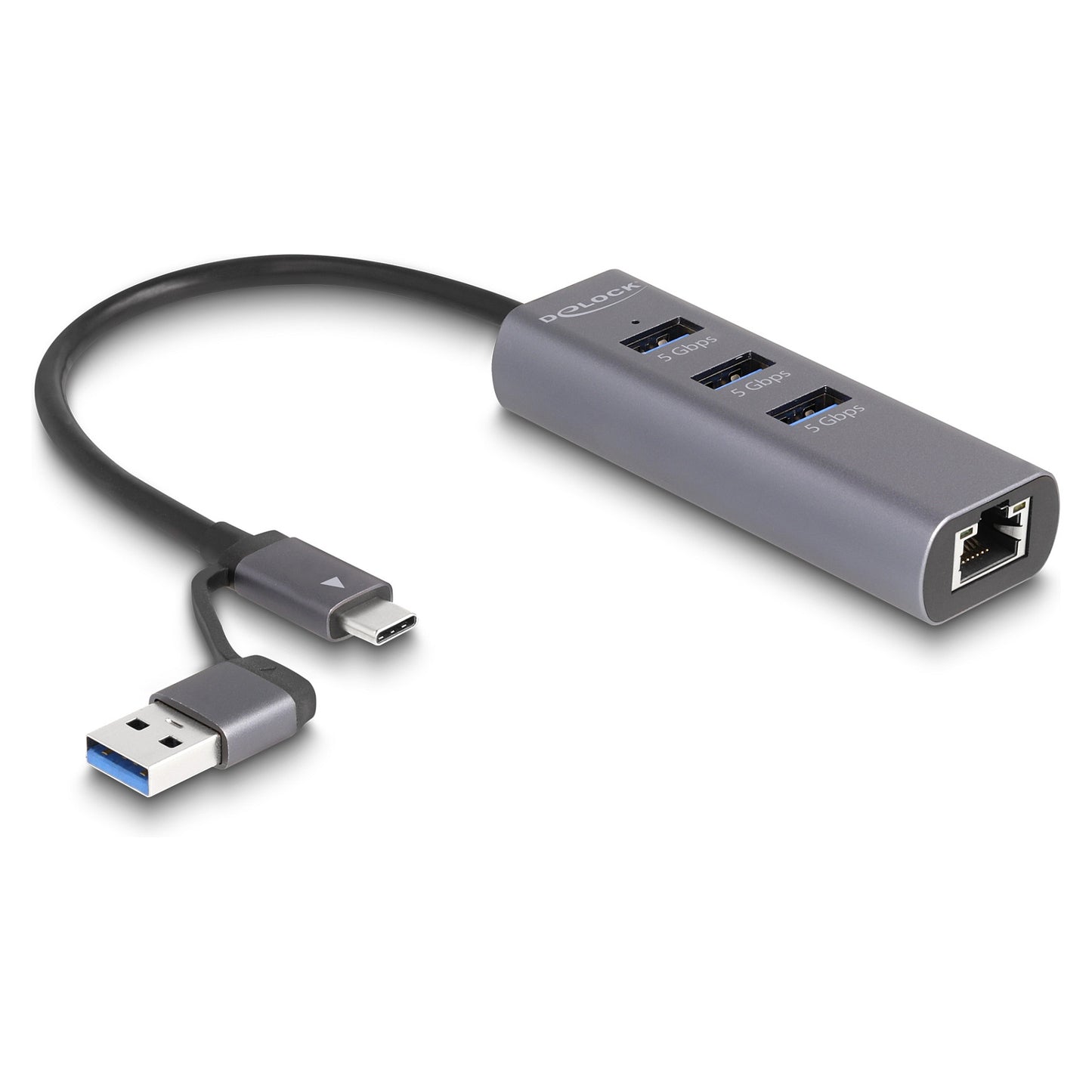 DELOCK 3 Port USB 5 Gbps Hub + Gigabit LAN mit USB Type-C oder USB Typ-A Anschluss im Metallgehuse