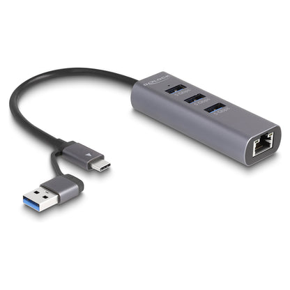 DELOCK 3 Port USB 5 Gbps Hub + Gigabit LAN mit USB Type-C oder USB Typ-A Anschluss im Metallgehuse