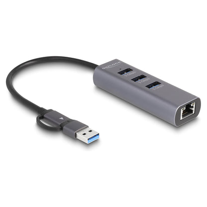 DELOCK 3 Port USB 5 Gbps Hub + Gigabit LAN mit USB Type-C oder USB Typ-A Anschluss im Metallgehuse