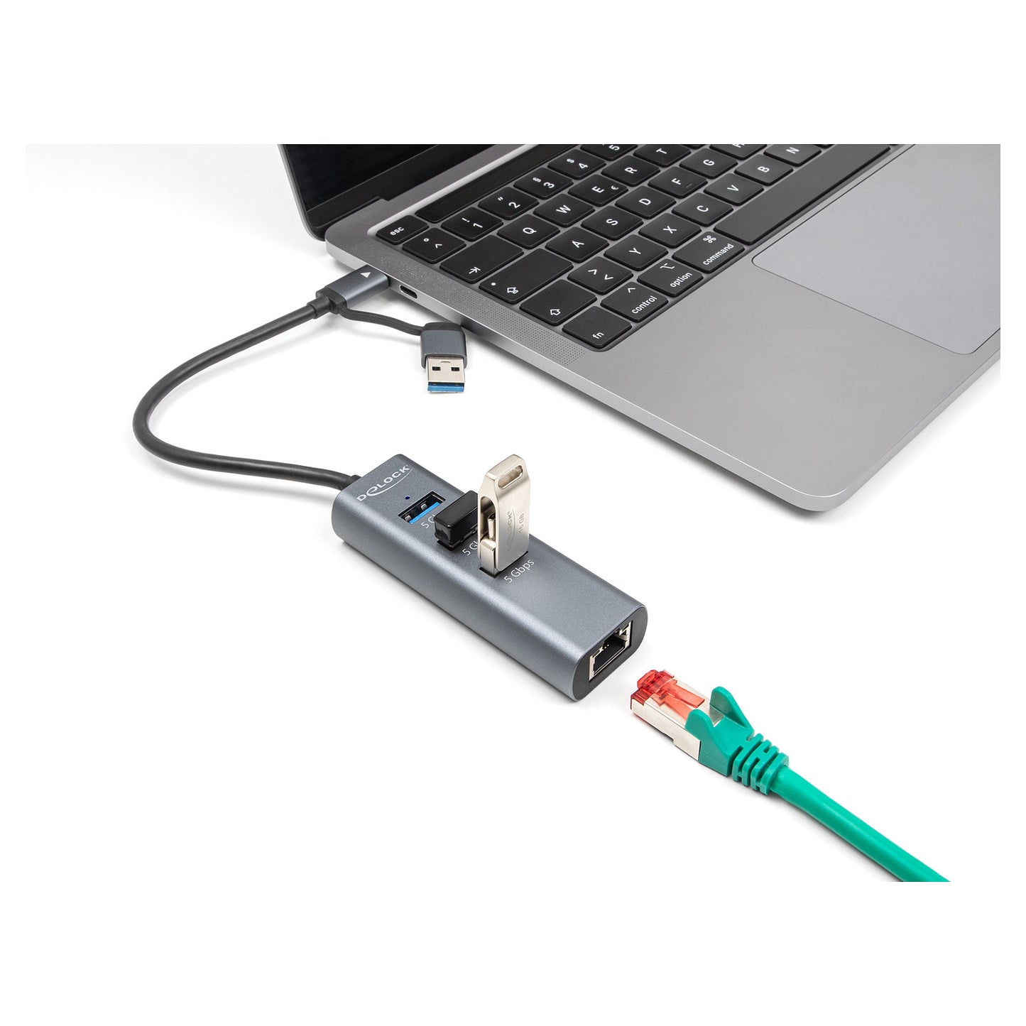 DELOCK 3 Port USB 5 Gbps Hub + Gigabit LAN mit USB Type-C oder USB Typ-A Anschluss im Metallgehuse
