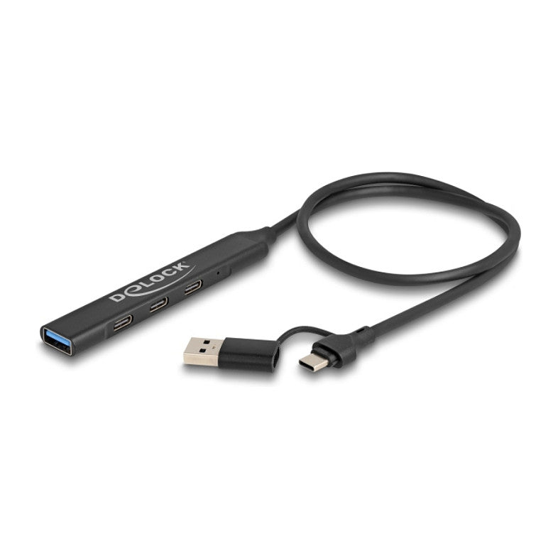 DELOCK 4 Port Slim USB Hub mit USB Type-C oder USB Typ-A zu 3 x USB 5 Gbps USB Type-C + 1 x USB 5 Gbps Typ-A