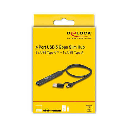 DELOCK 4 Port Slim USB Hub mit USB Type-C oder USB Typ-A zu 3 x USB 5 Gbps USB Type-C + 1 x USB 5 Gbps Typ-A