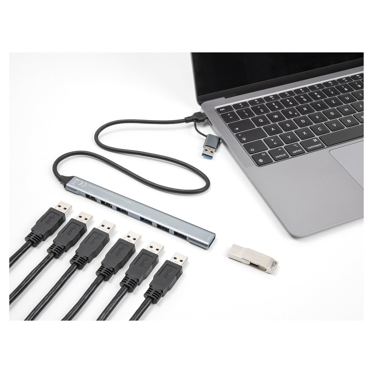 DELOCK 7 Port Slim USB Hub mit USB Type-C oder USB Typ-A zu 1 x USB 5 Gbps Typ-A + 6 x USB 2.0 Typ-A