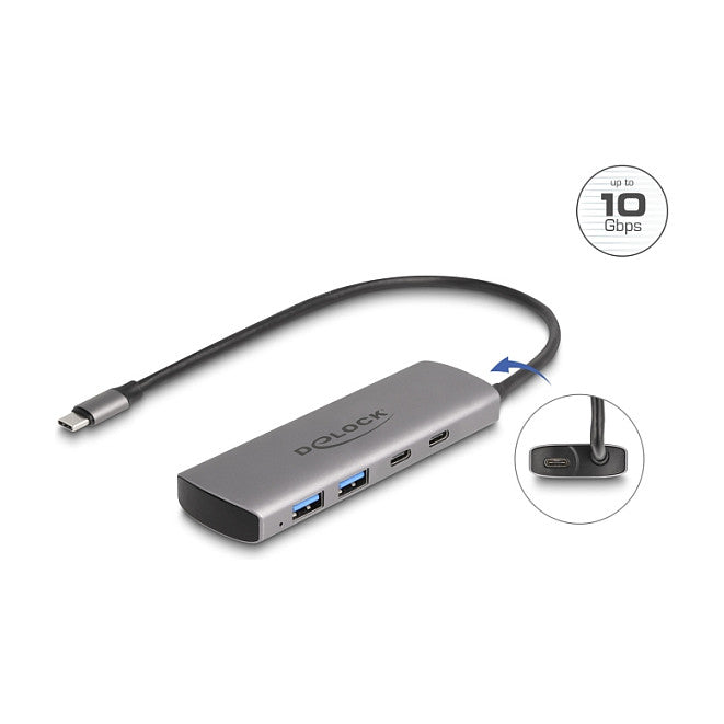 DELOCK USB 10 Gbps 2 Port USB Typ-A + 2 Port USB Type-C Hub mit USB Type-C Anschluss und zustzlicher Strombuchse