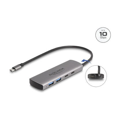 DELOCK USB 10 Gbps 2 Port USB Typ-A + 2 Port USB Type-C Hub mit USB Type-C Anschluss und zustzlicher Strombuchse