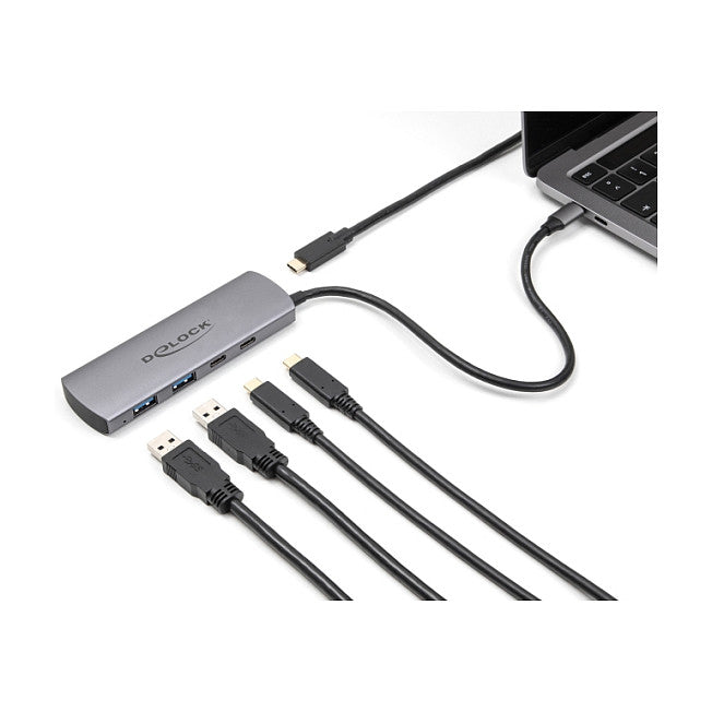 DELOCK USB 10 Gbps 2 Port USB Typ-A + 2 Port USB Type-C Hub mit USB Type-C Anschluss und zustzlicher Strombuchse